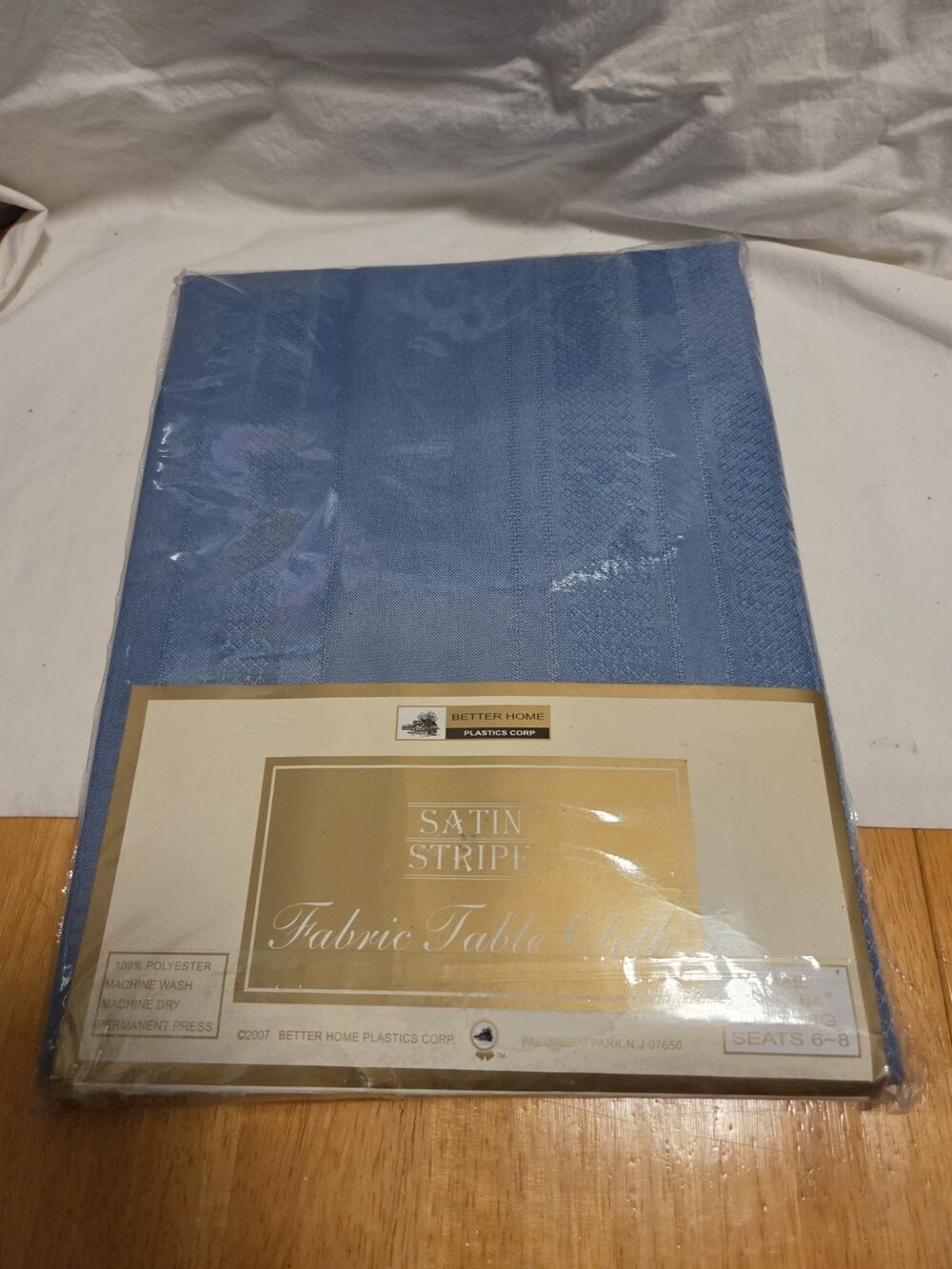 Vtg Better Home Satin Stripe Wrinkle Free Tablecloth Blue Oblong 60" X 84"